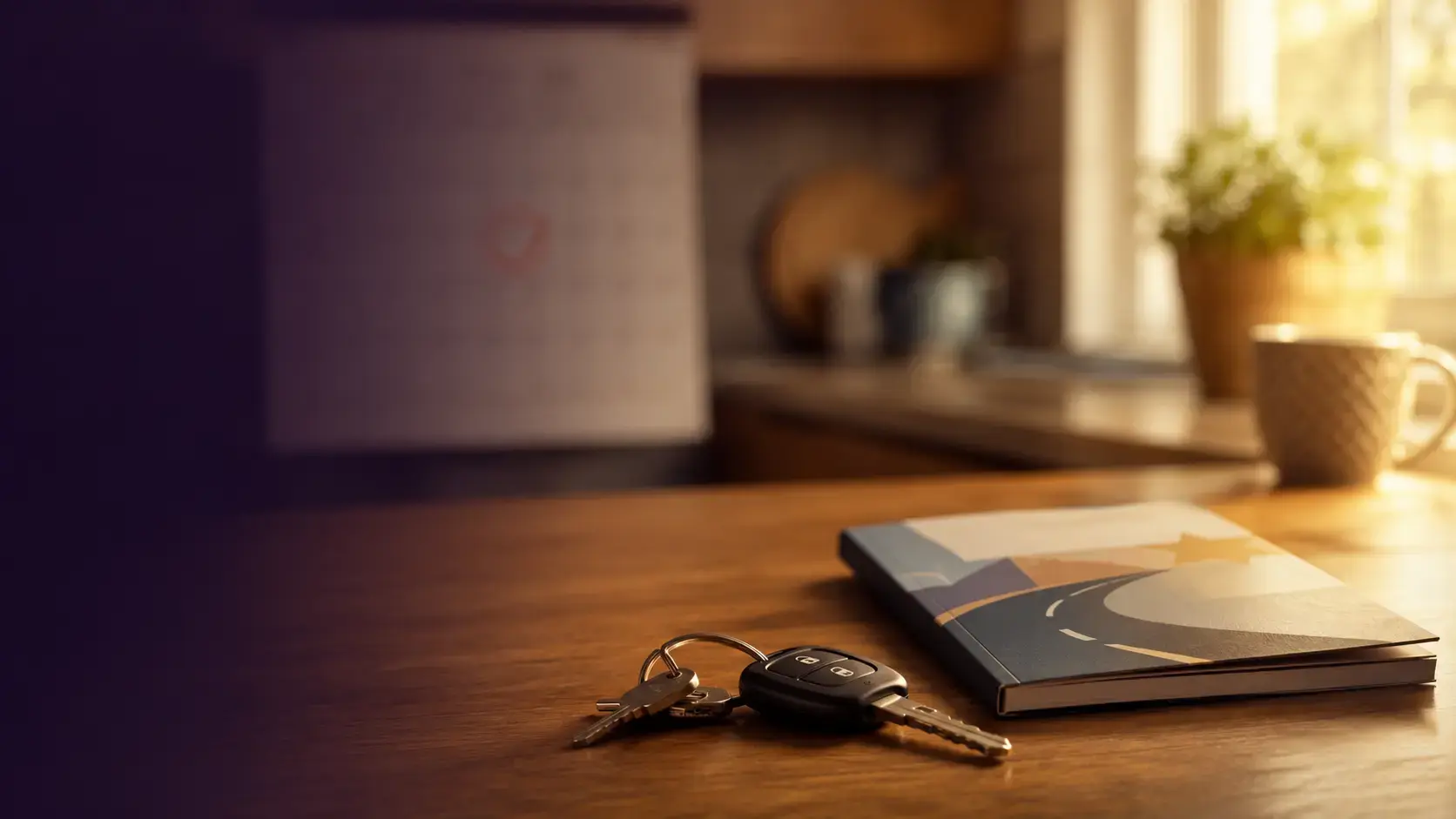 Car keys and a Texas learner handbook on a Houston kitchen table beside a wall calendar at morning light