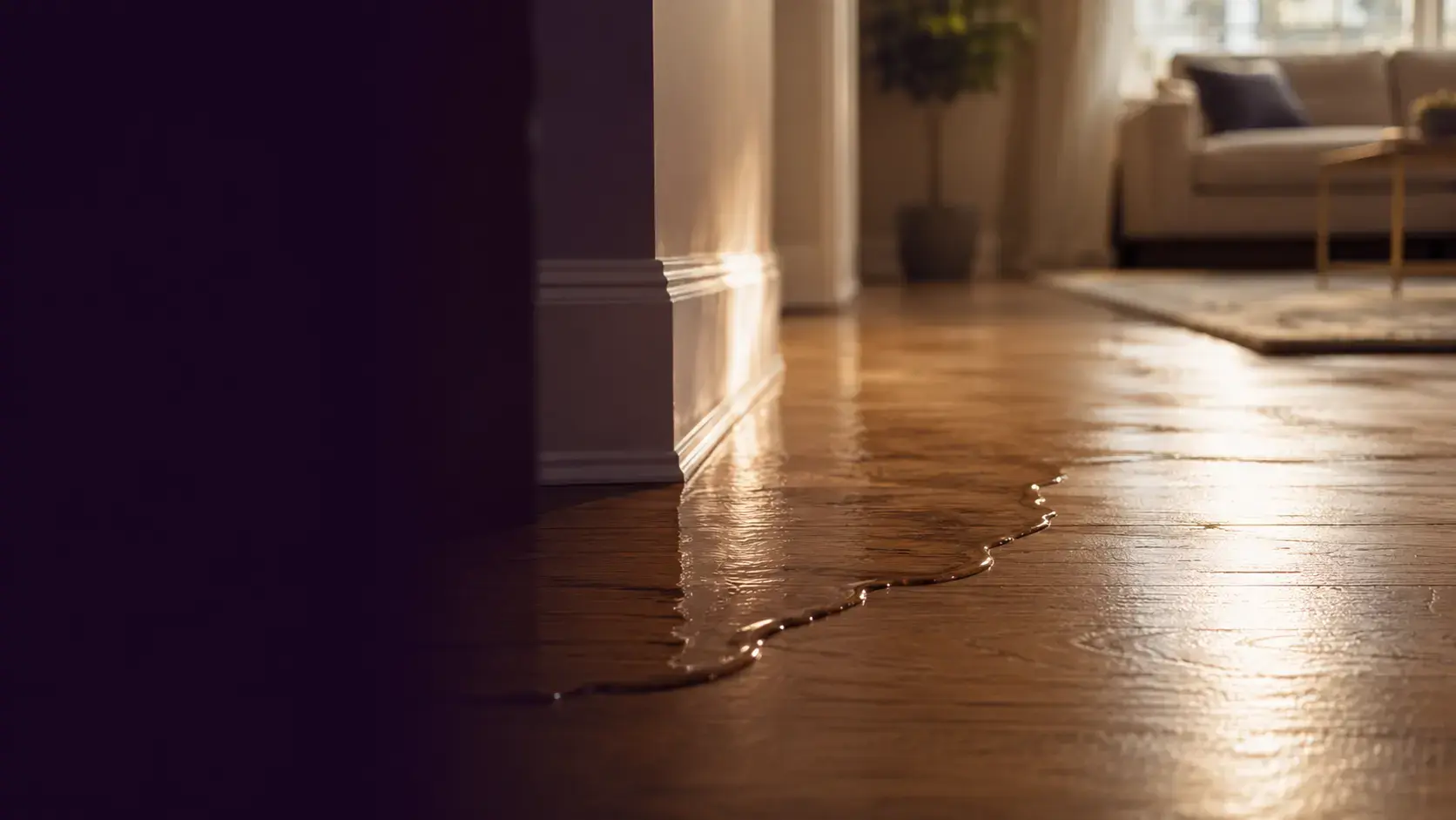 Water pooling on a wood floor near a baseboard in a Houston home with morning light from a window