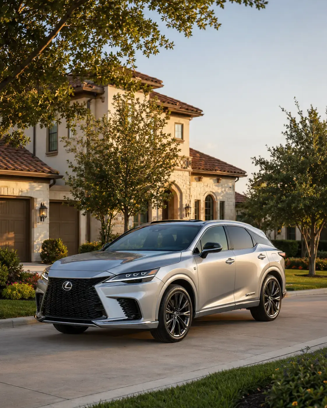 Household vehicle in a Bridgeland Texas master-planned driveway at golden hour, suggesting newer construction and multi-vehicle multi-vehicle household profile