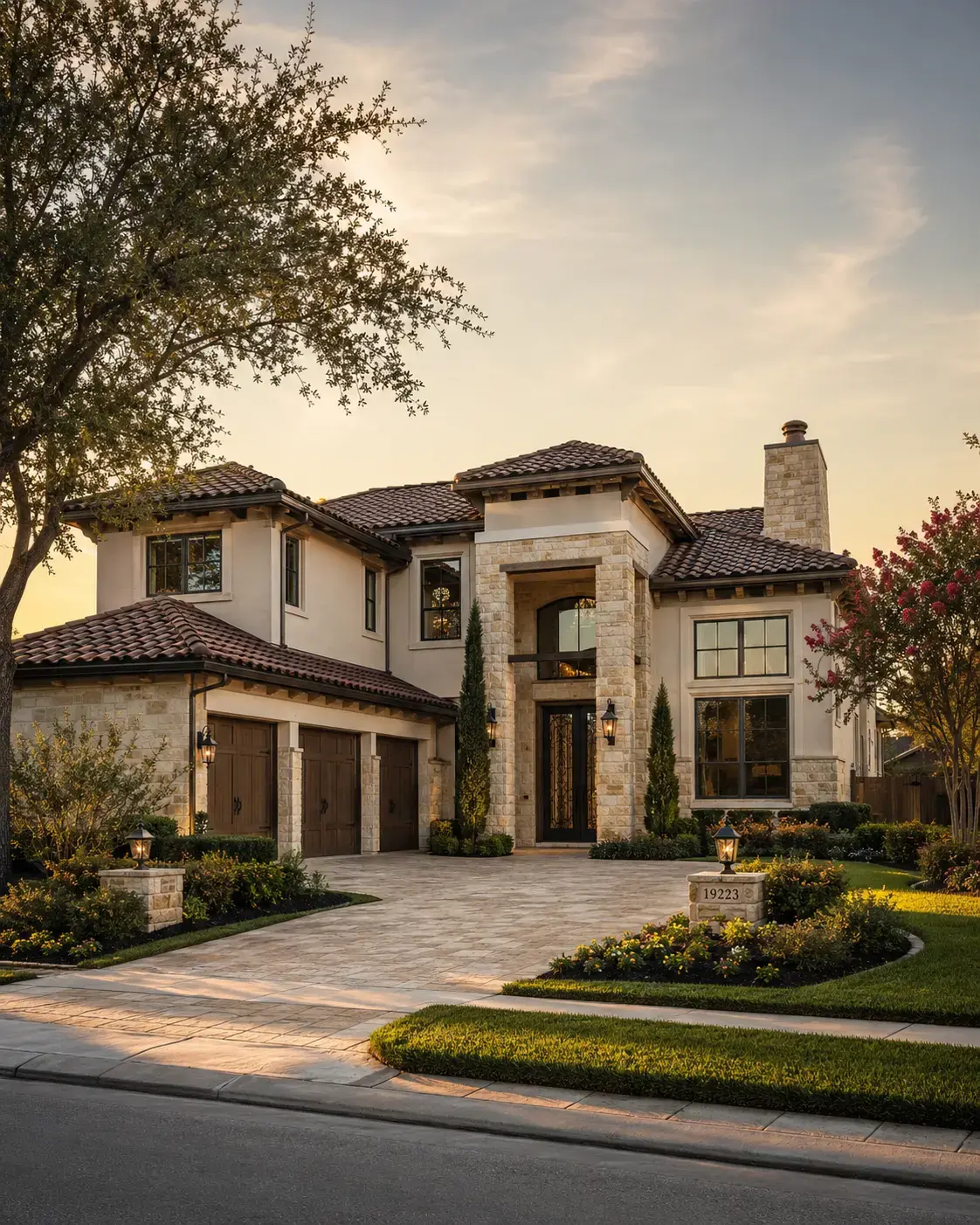A new two-story stone-and-brick home in Bridgeland master-planned community at golden hour with a curated landscape and a lake in the distance