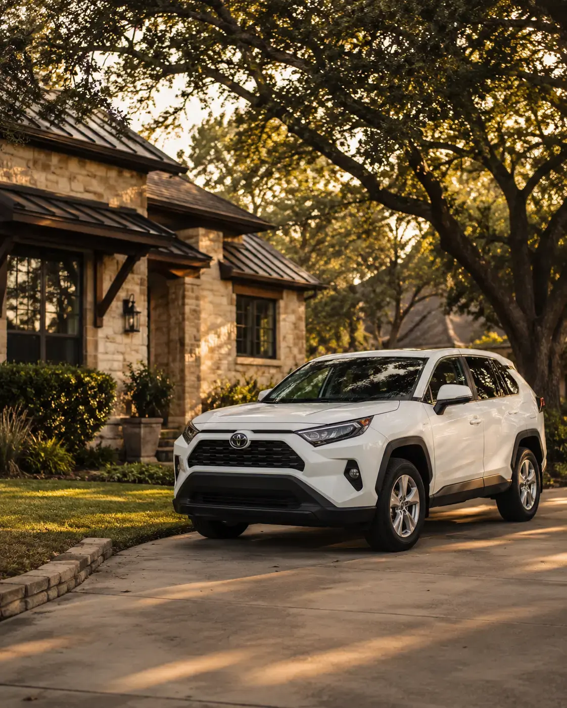 A clean household SUV in a Bryan College Station driveway at golden hour with live oak shade and Brazos Valley residential architecture