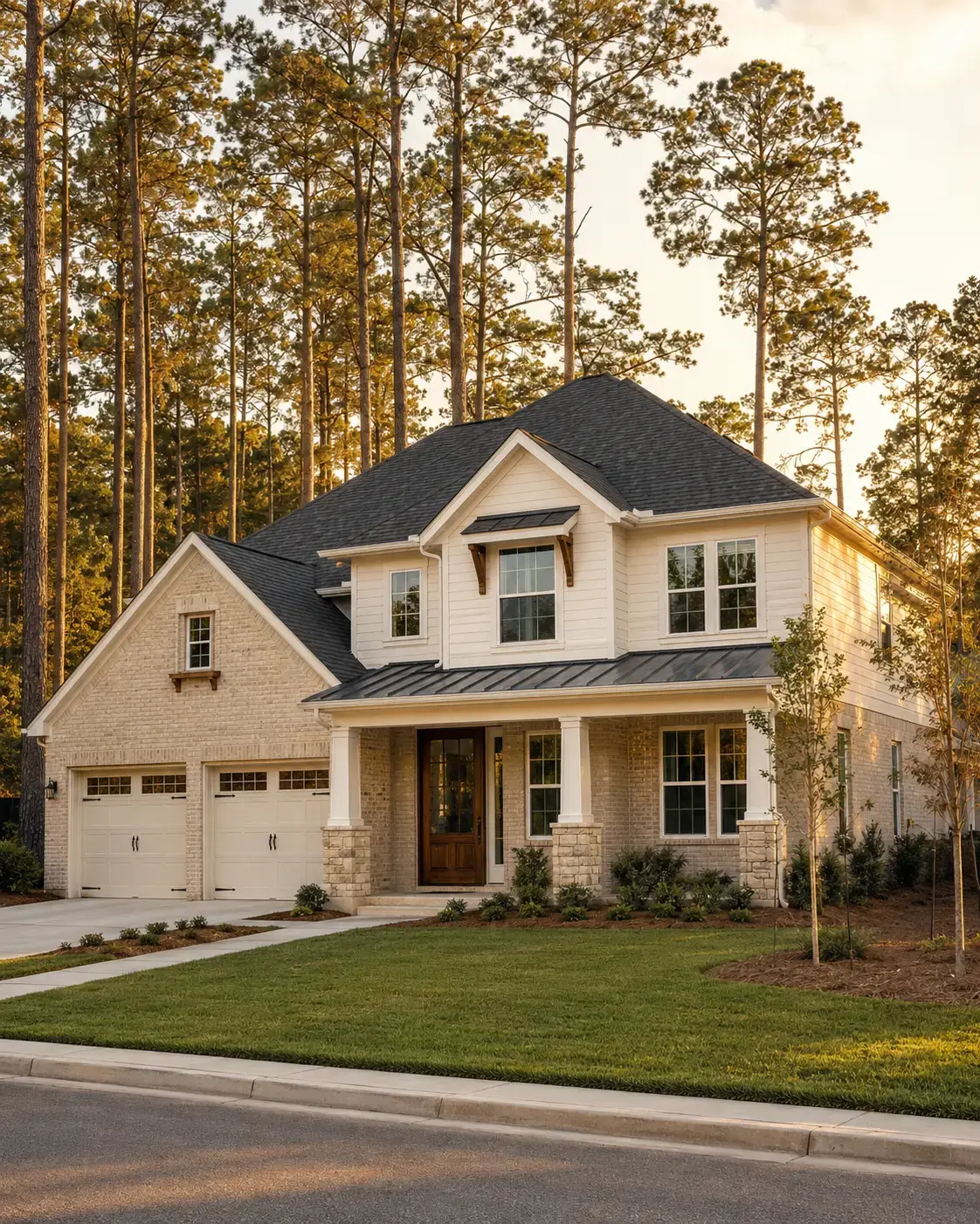 Brick Conroe Texas home at golden hour with pine trees, suggesting Montgomery County master-planned community character near Lake Conroe