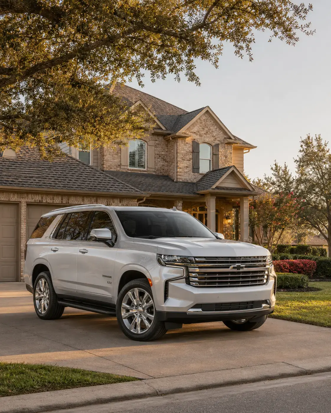 Household vehicle parked in a Cypress Texas suburban driveway at golden hour, suggesting the 290 corridor multi-vehicle household profile