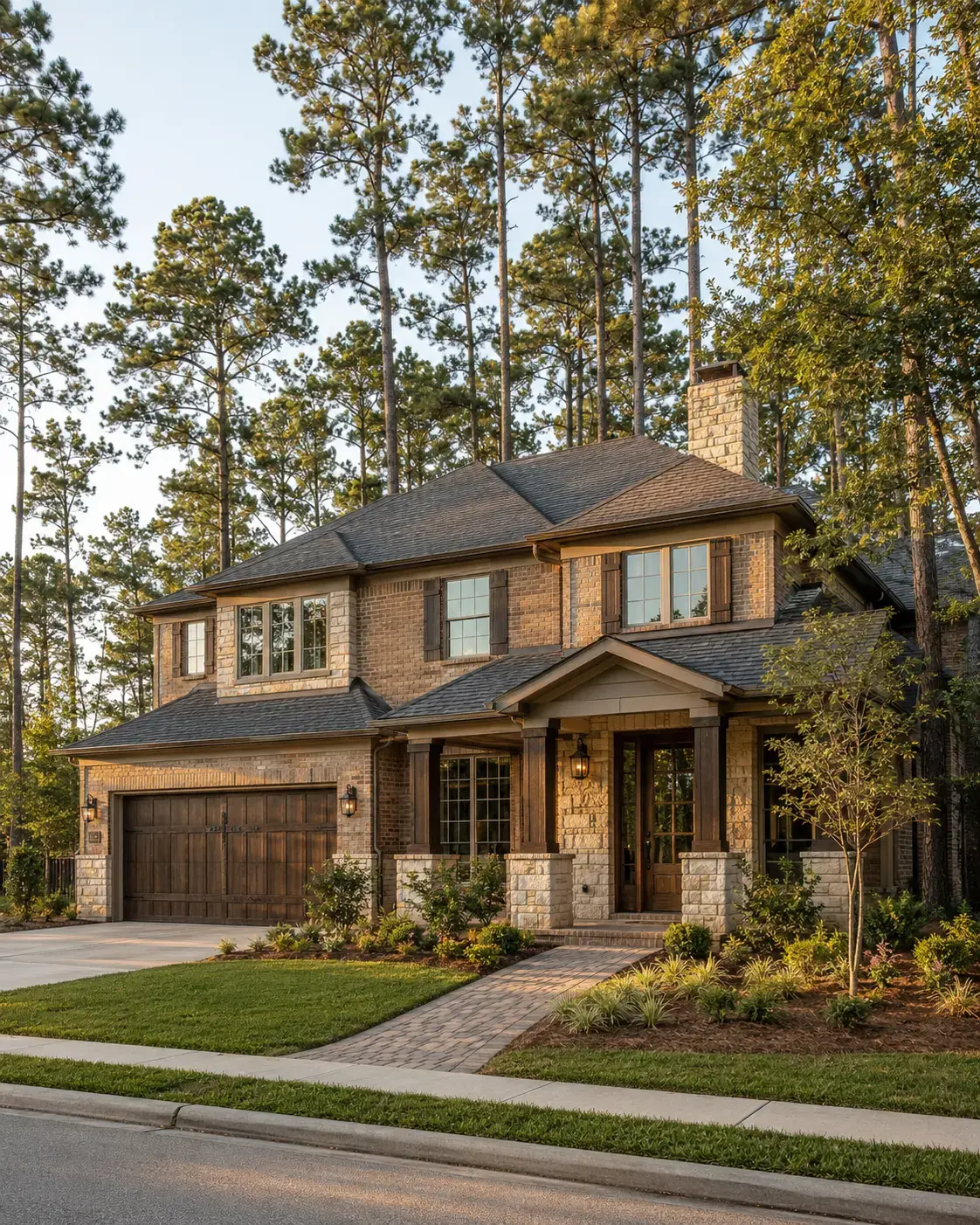 Brick Humble Texas home at golden hour with mature landscaping, suggesting the east Harris County suburban profile near Lake Houston and IAH airport