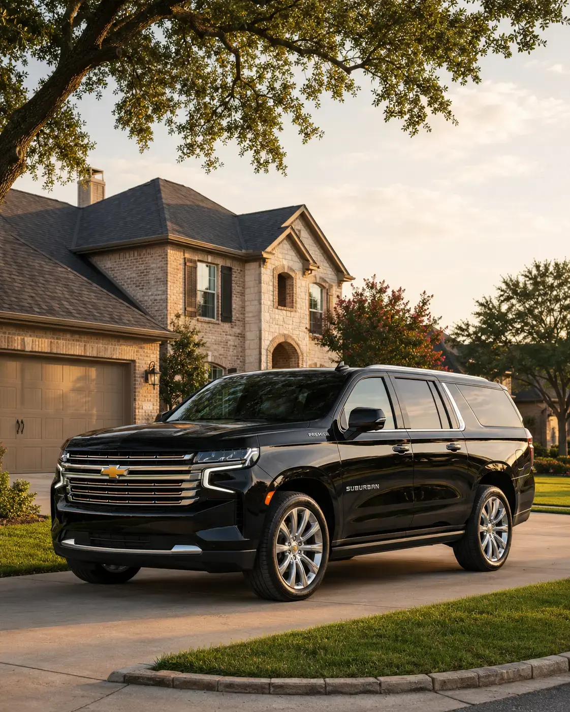 Household vehicle parked at a Cinco Ranch Katy Texas home at golden hour, suggesting the multi-vehicle suburban commute household profile