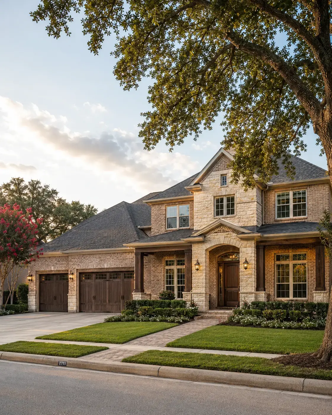 A two-story brick and stone home in a Katy Texas master-planned neighborhood at golden hour with mature landscaping and a Cinco Ranch-style street