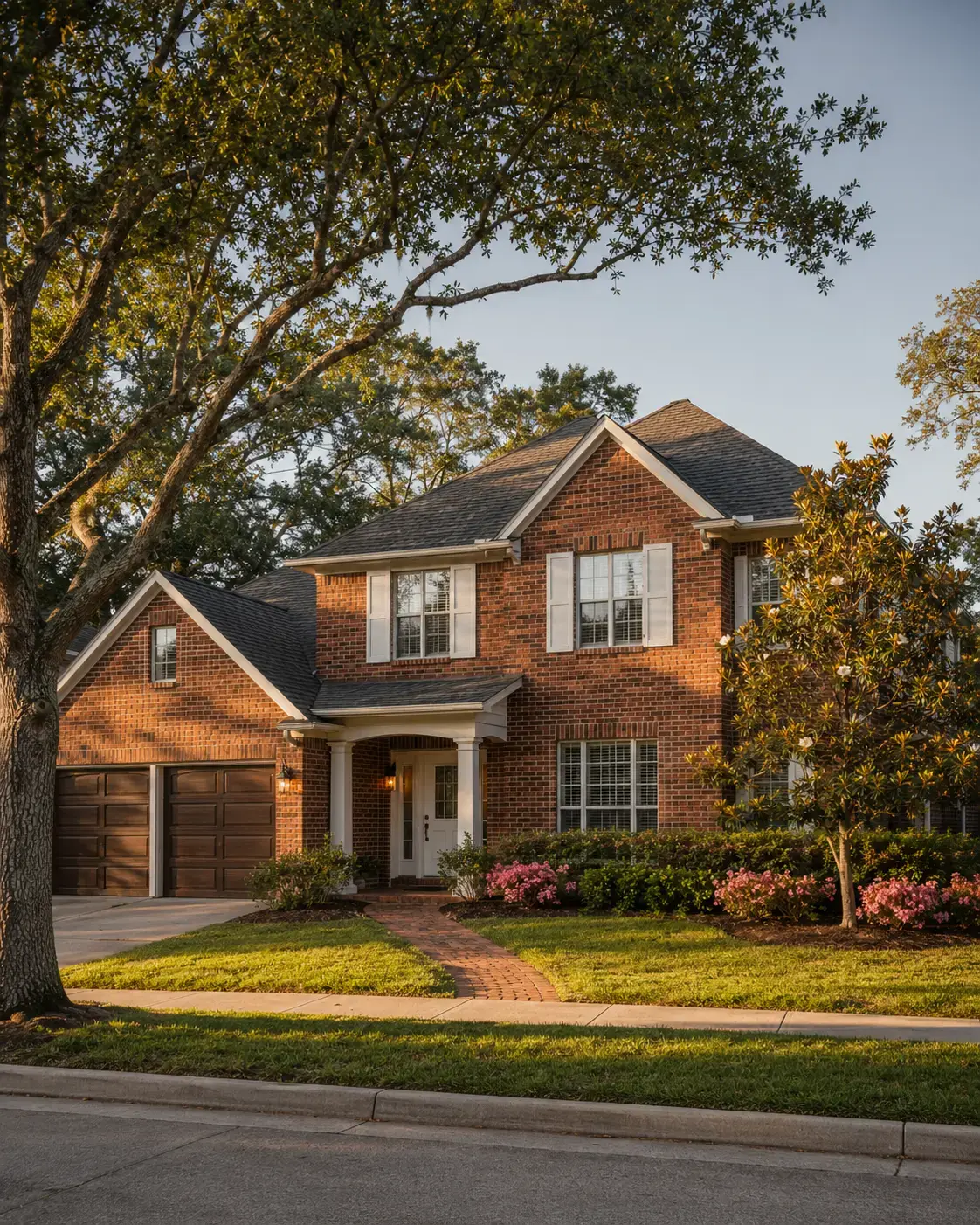 Established brick Klein Texas home with mature trees and traditional architecture at golden hour, suggesting the established north Harris corridor character