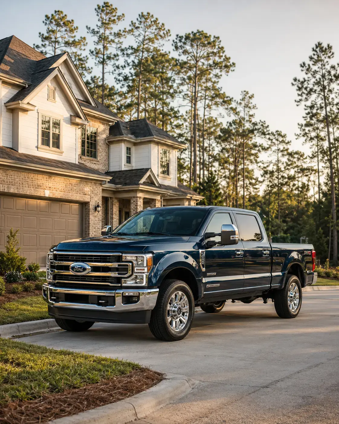 A modern SUV parked in a Spring Texas suburban driveway at golden hour with mature oak trees in the background, suggesting the established north Harris corridor