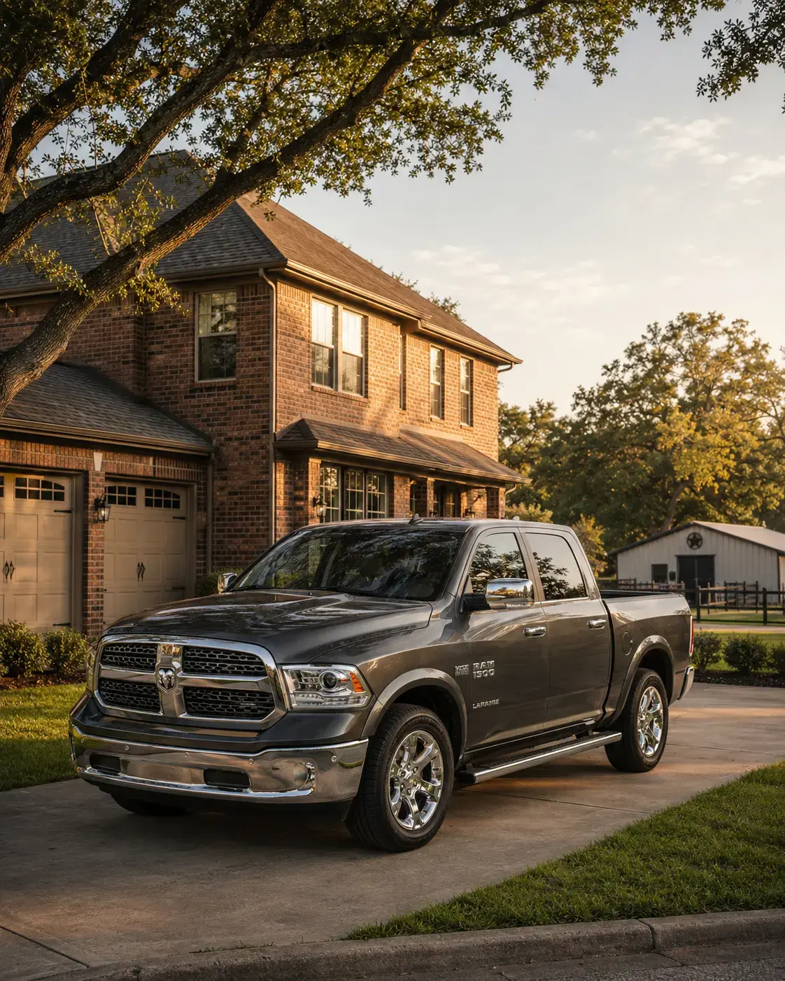 Pickup truck parked at a Tomball Texas home at golden hour, suggesting the mixed suburban and rural-edge driver profile
