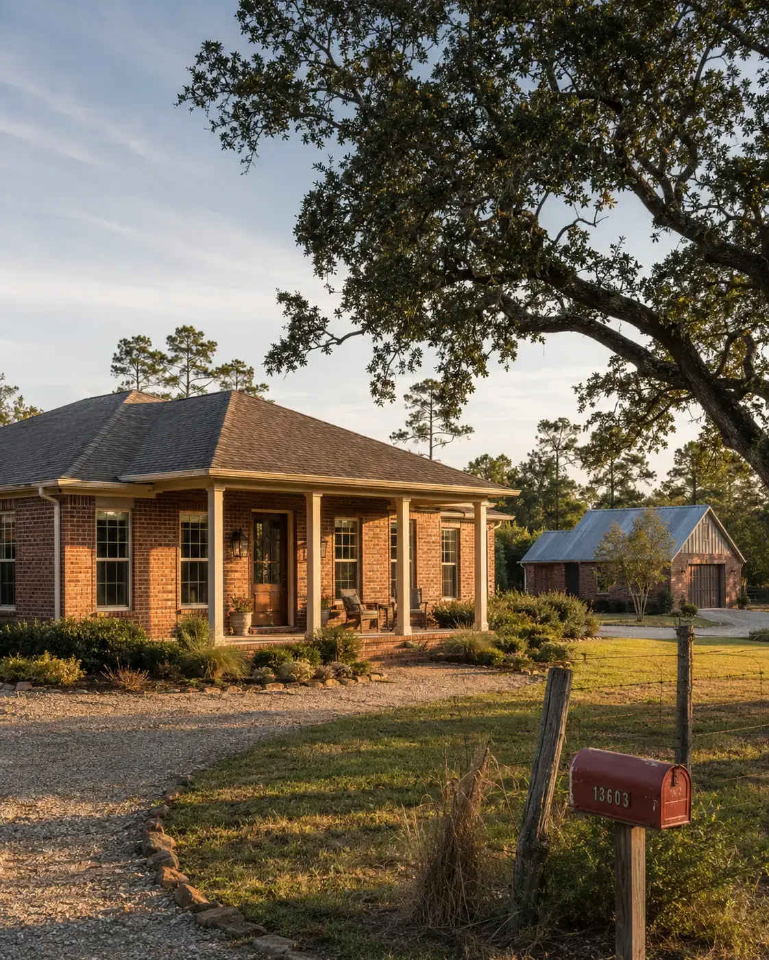 Brick Tomball Texas home with detached outbuilding and mature trees at golden hour on a partially wooded lot, suggesting mixed suburban and rural-edge property character